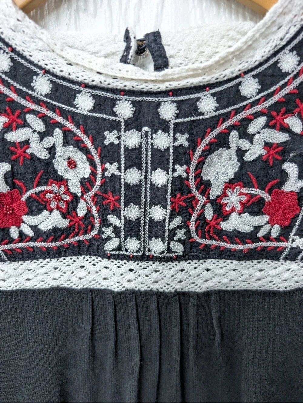 Free People Cozy On Up Embroidered Top Black Combo Boho Folk Western XS/S